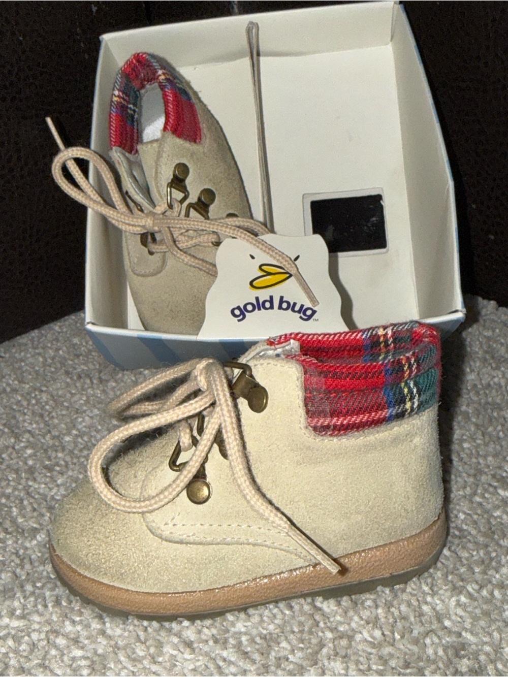 Vintage Beige Suede Toddler Boots with Red Plaid Collar
